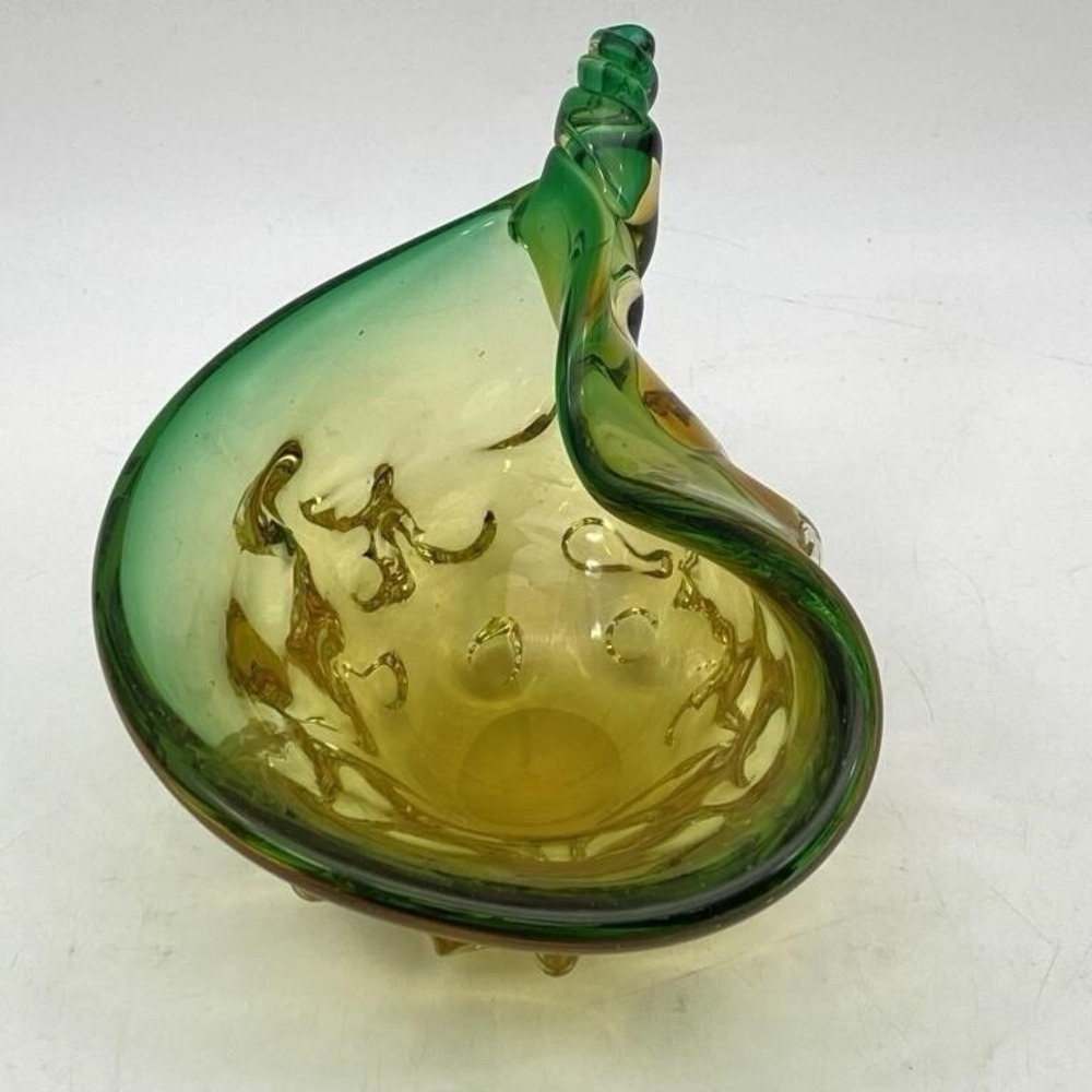 Vintage Murano Italy Glass Green & Gold Seashell Conch Bowl Mid Century Modern